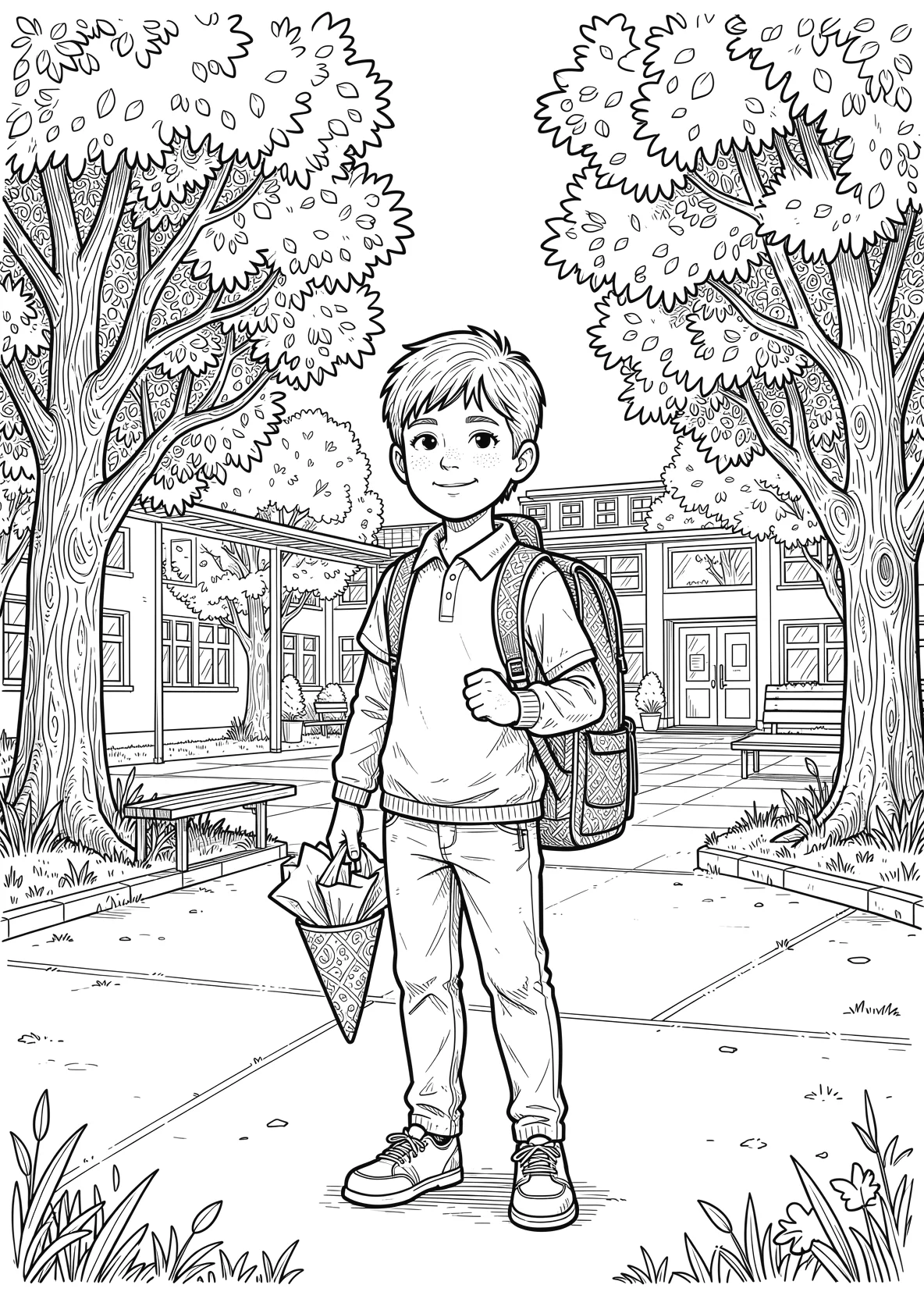 Ausmalbild Schulanfänger mit Schultüte - Ausmalbild aus der Kategorie Berufe - kostenlos ausdrucken