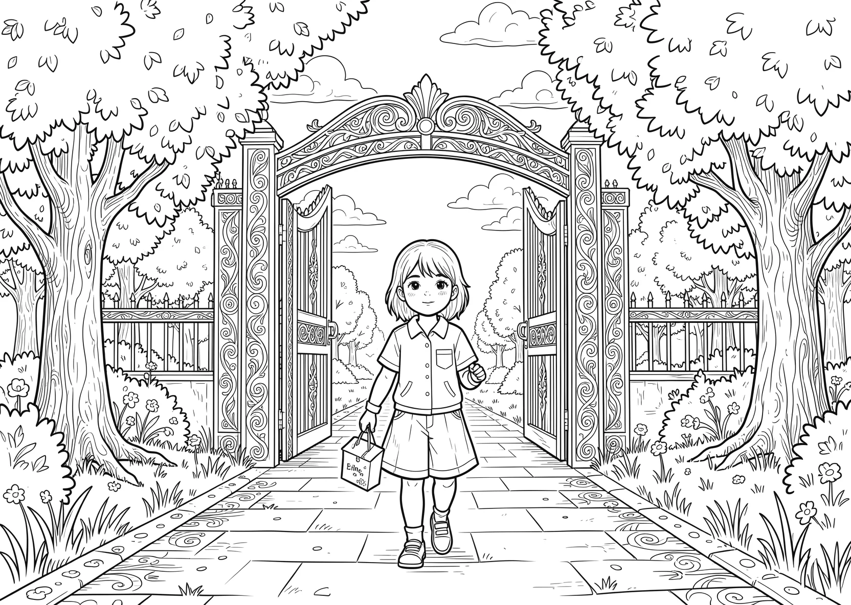 Ausmalbild Kind mit Schultüte geht durch ein großes Schultor - Ausmalbild aus der Kategorie Natur - kostenlos ausdrucken