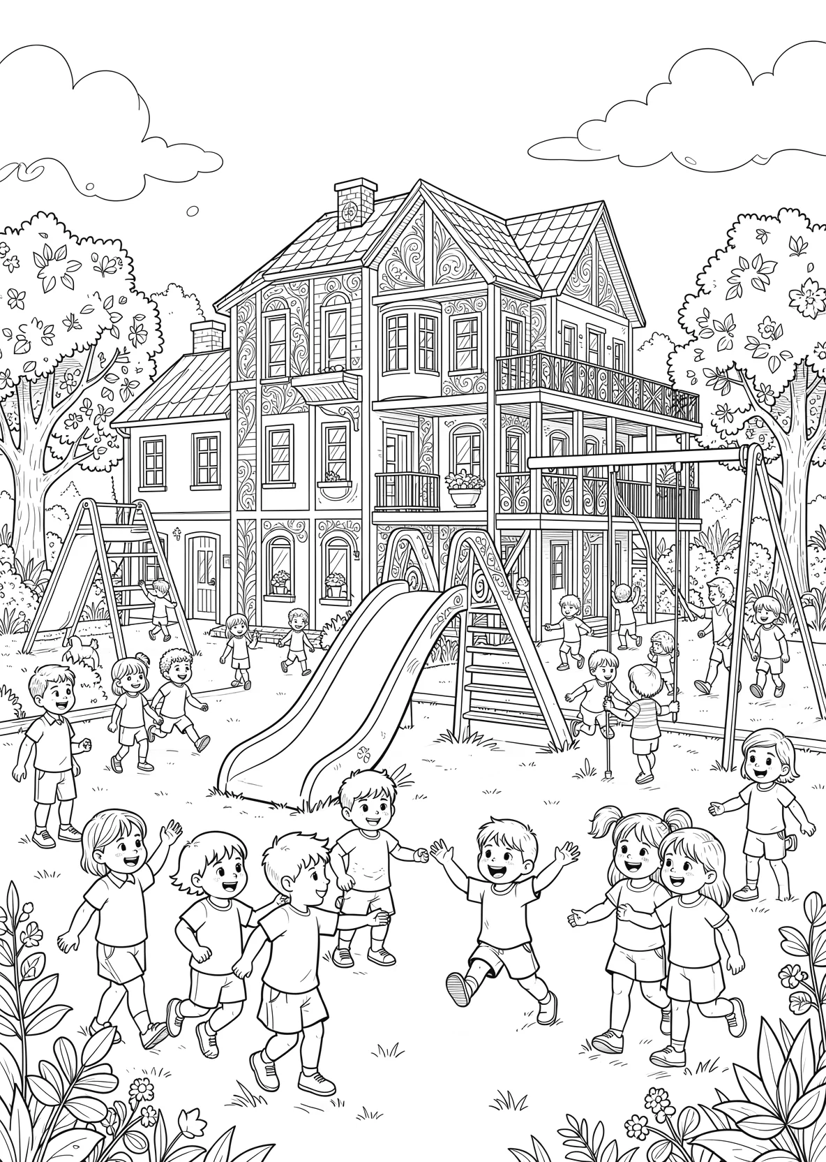 Ausmalbild Kindergarten mit buntem Gebäude - Ausmalbild aus der Kategorie Berufe - kostenlos ausdrucken