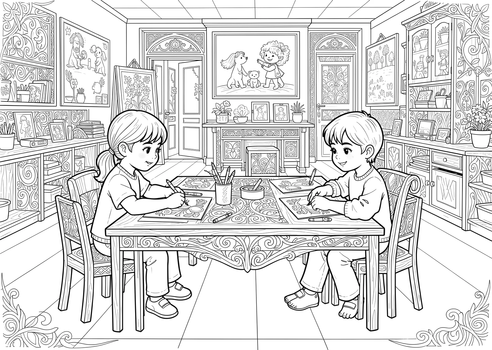 Ausmalbild Kinder sitzen im Kindergarten an einem Tisch - Ausmalbild aus der Kategorie Berufe - kostenlos ausdrucken