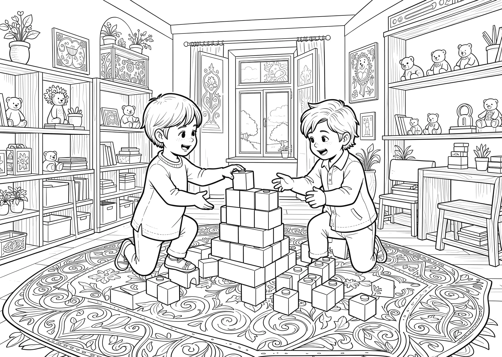 Ausmalbild Kinder bauen im Kindergarten einen Turm aus - Ausmalbild aus der Kategorie Berufe - kostenlos ausdrucken