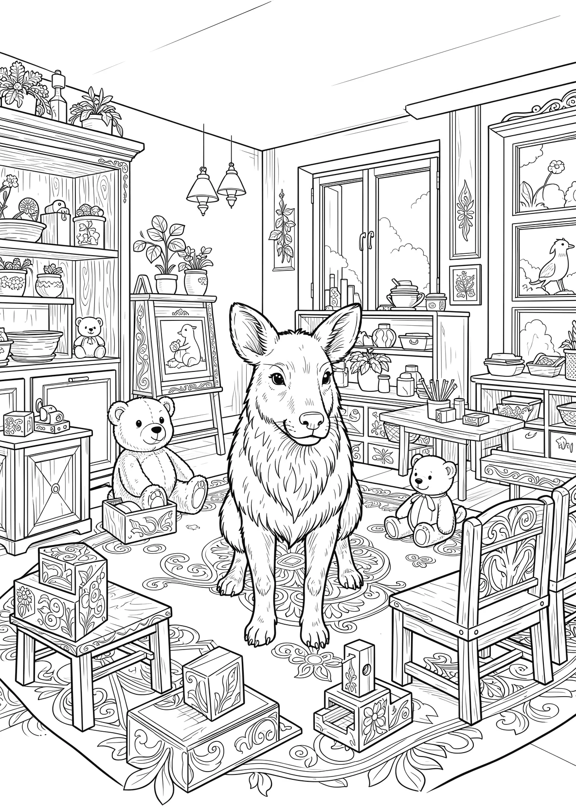 Ausmalbild Kindergartenraum mit Spielzeug - Ausmalbild aus der Kategorie Berufe - kostenlos ausdrucken