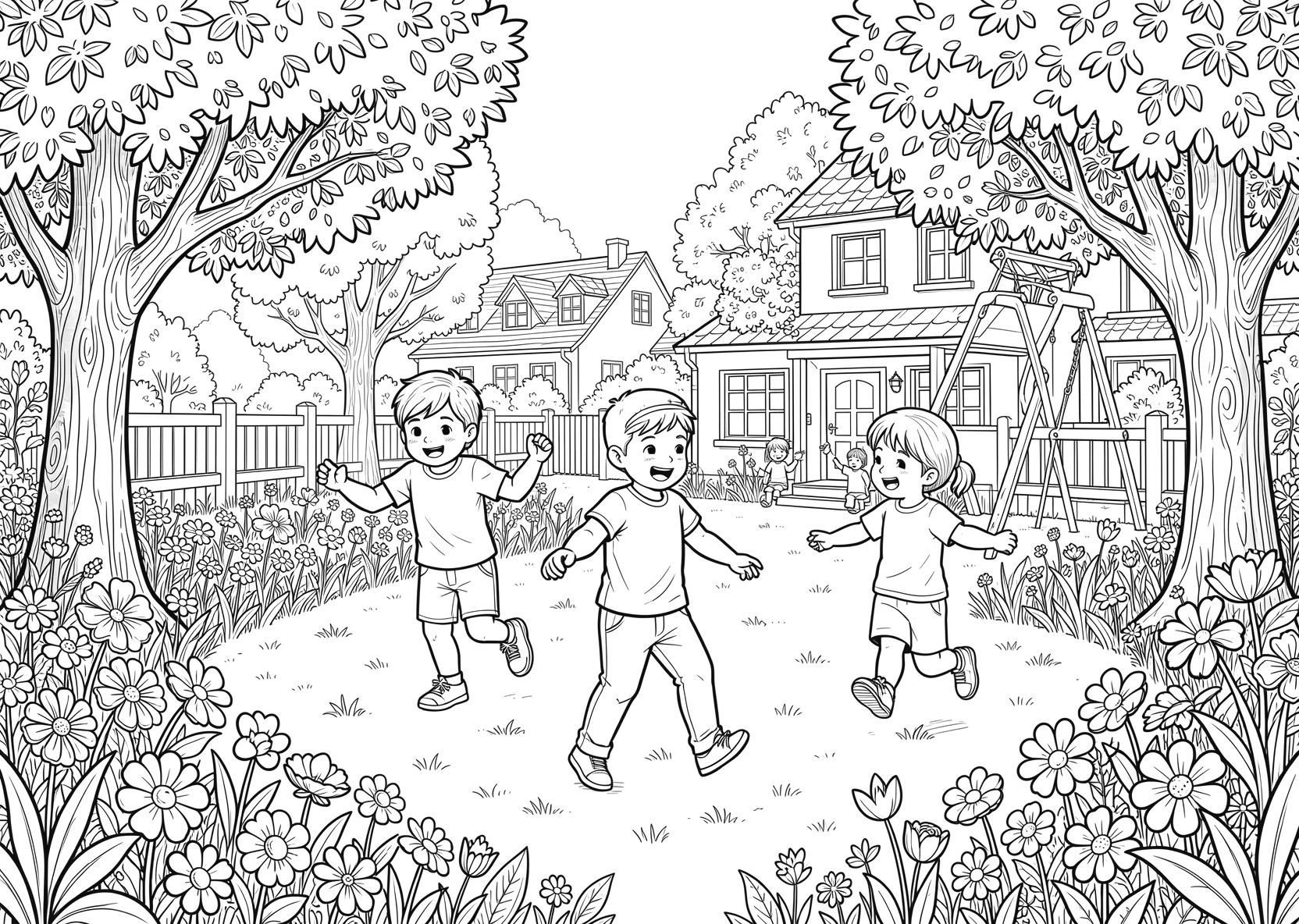 Ausmalbild Kinder spielen im Garten eines Kindergartens mit - Ausmalbild aus der Kategorie Berufe - kostenlos ausdrucken