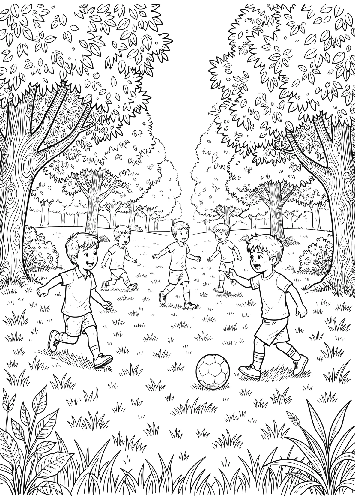 Ausmalbild Kinder spielen gemeinsam Ball auf einer großen - Ausmalbild aus der Kategorie Natur - kostenlos ausdrucken