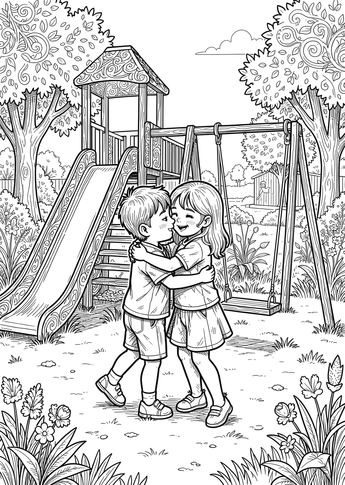 Ausmalbild Kinder umarmen sich auf einem Spielplatz mit - Ausmalbild aus der Kategorie Berufe - kostenlos ausdrucken