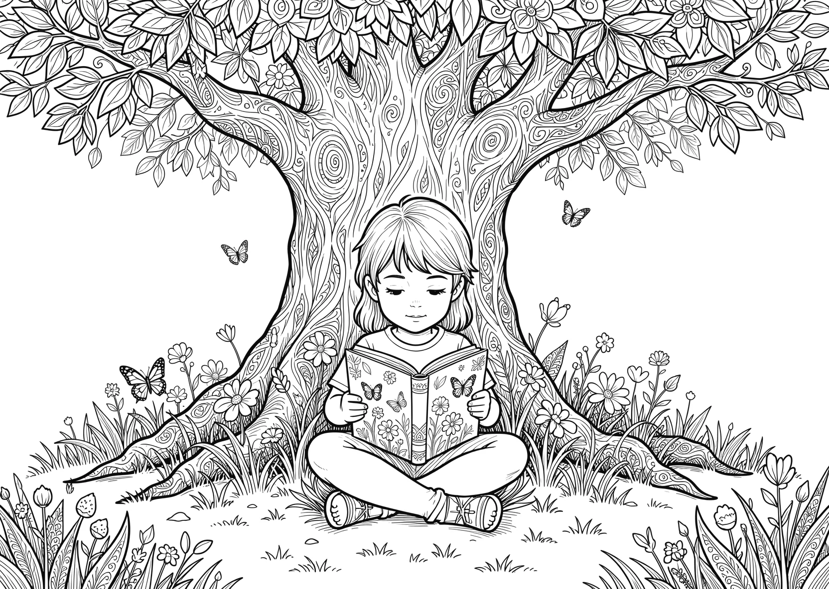 Ausmalbild Kind sitzt unter einem großen Baum - Ausmalbild aus der Kategorie Natur - kostenlos ausdrucken