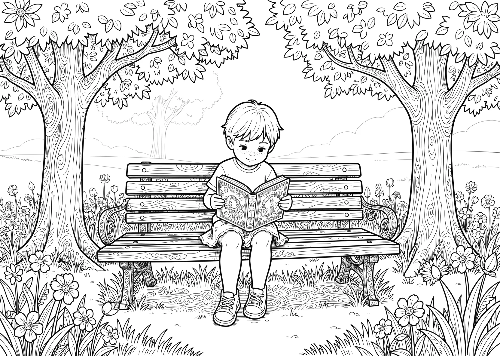 Ausmalbild Kind liest ein Buch auf einer Parkbank mit Bäumen - Ausmalbild aus der Kategorie Natur - kostenlos ausdrucken