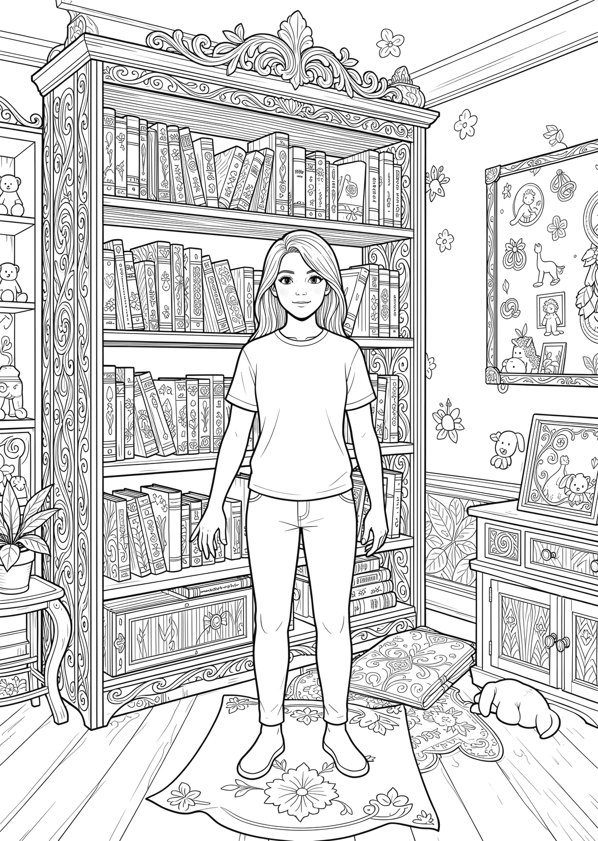 Ausmalbild Bücherregal voller Bücher in einem Kinderzimmer - Ausmalbild aus der Kategorie Berufe - kostenlos ausdrucken