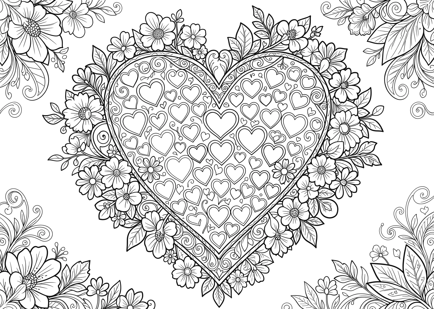 Ausmalbild Großes Herz mit vielen kleinen Herzchen - Ausmalbild aus der Kategorie Natur - kostenlos ausdrucken