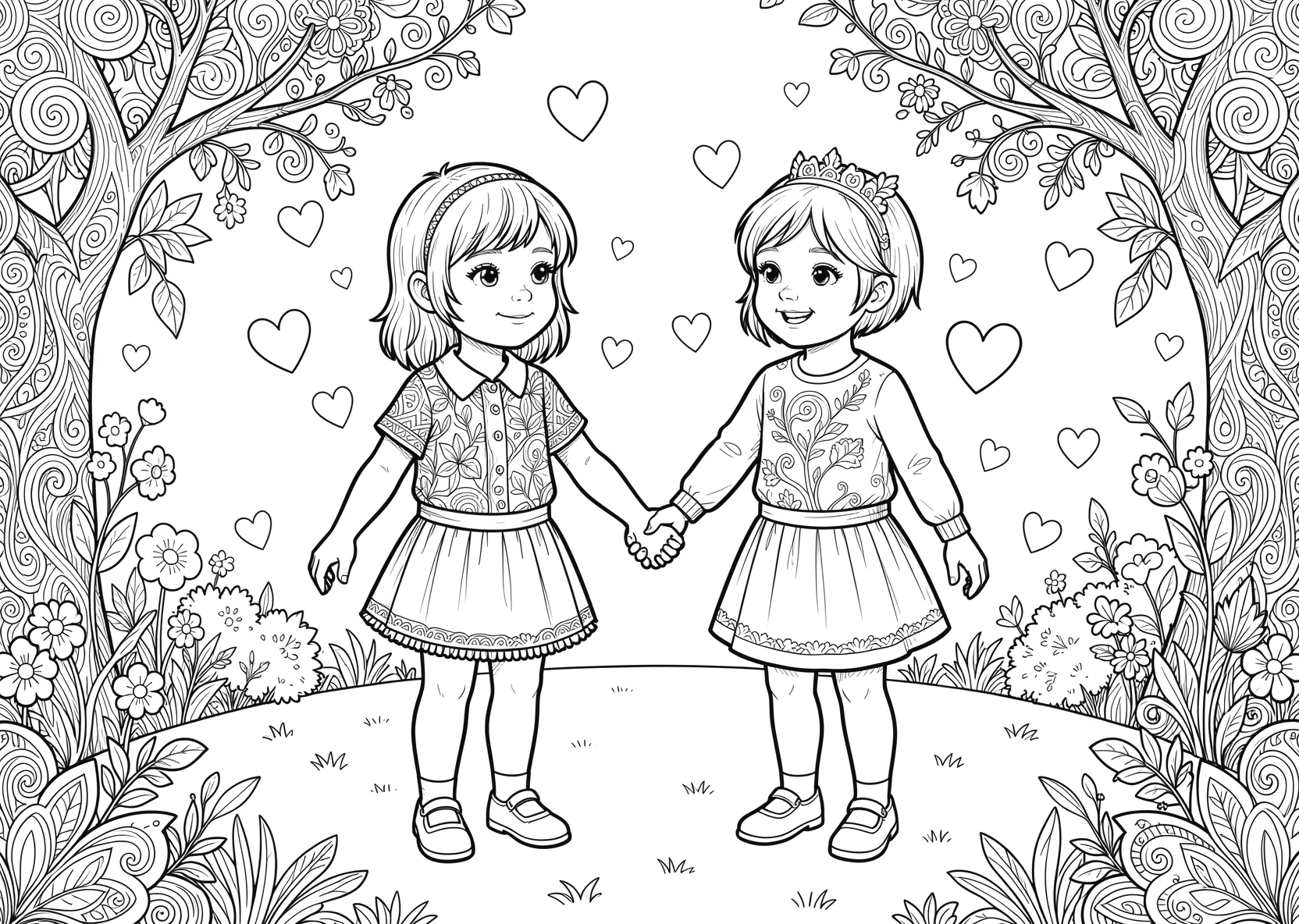 Ausmalbild Zwei Kinder halten sich an den Händen mit - Ausmalbild aus der Kategorie Sonstiges - kostenlos ausdrucken