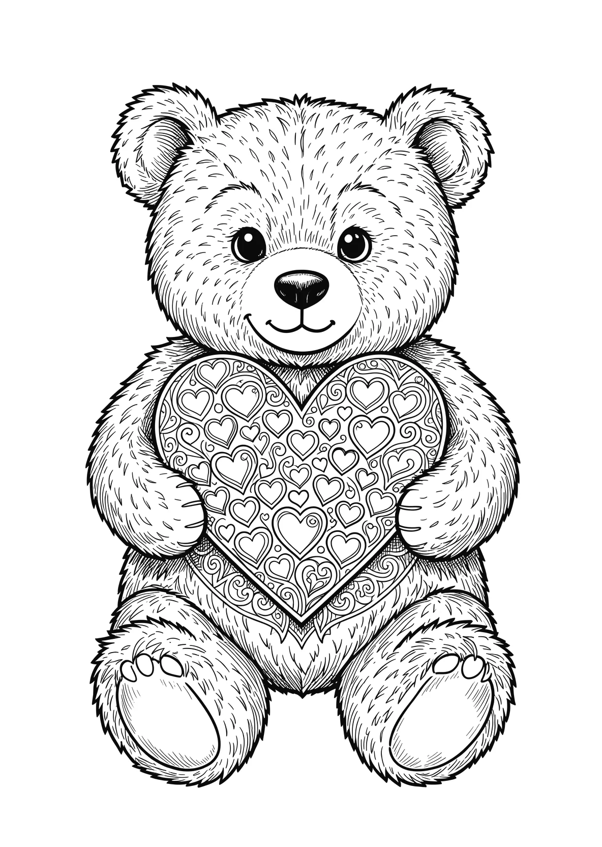 Ausmalbild Teddybär hält ein großes Herz mit vielen kleinen - Ausmalbild aus der Kategorie Tiere - kostenlos ausdrucken