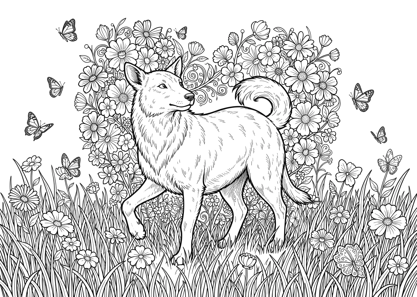 Ausmalbild Herz aus Blumen auf einer Wiese mit - Ausmalbild aus der Kategorie Natur - kostenlos ausdrucken