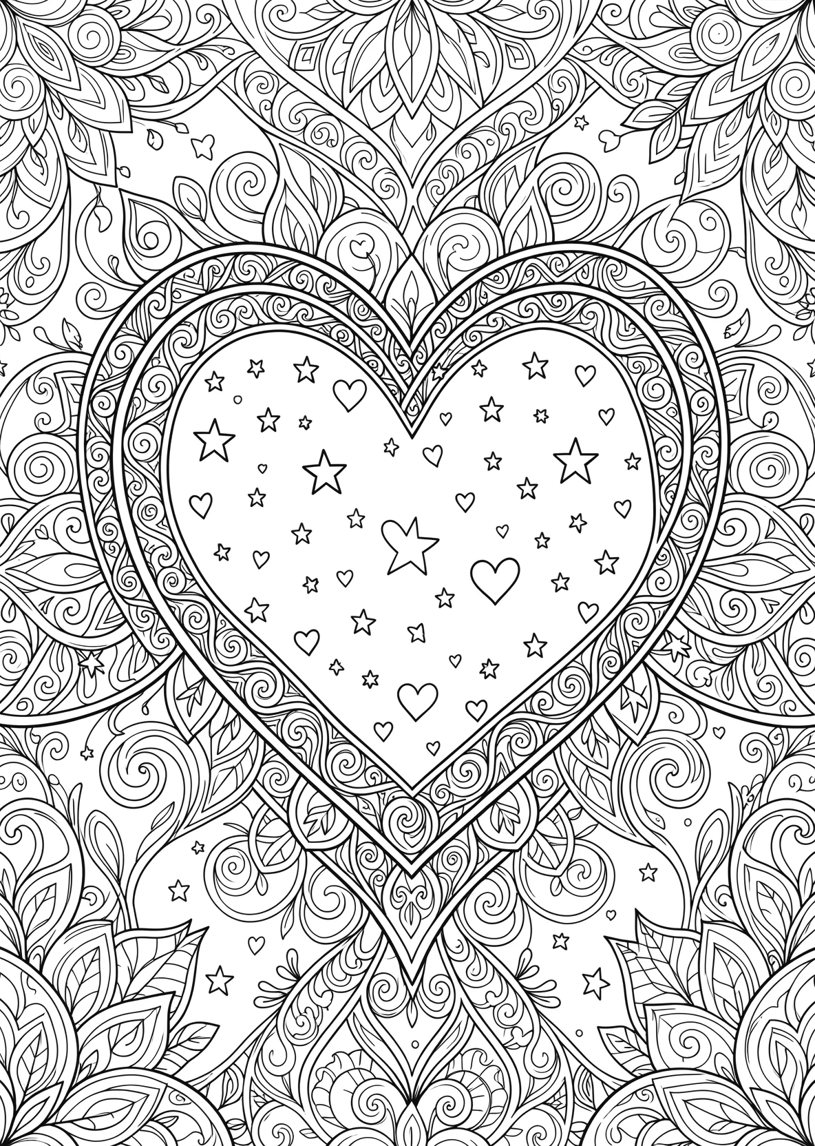Ausmalbild Großes Herz mit Sternen und kleinen Herzchen - Ausmalbild aus der Kategorie Natur - kostenlos ausdrucken