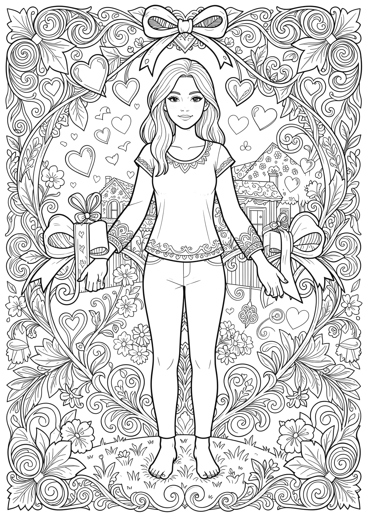 Ausmalbild Geschenk mit Schleife und Herzchen drum herum - Ausmalbild aus der Kategorie Feiertage - kostenlos ausdrucken