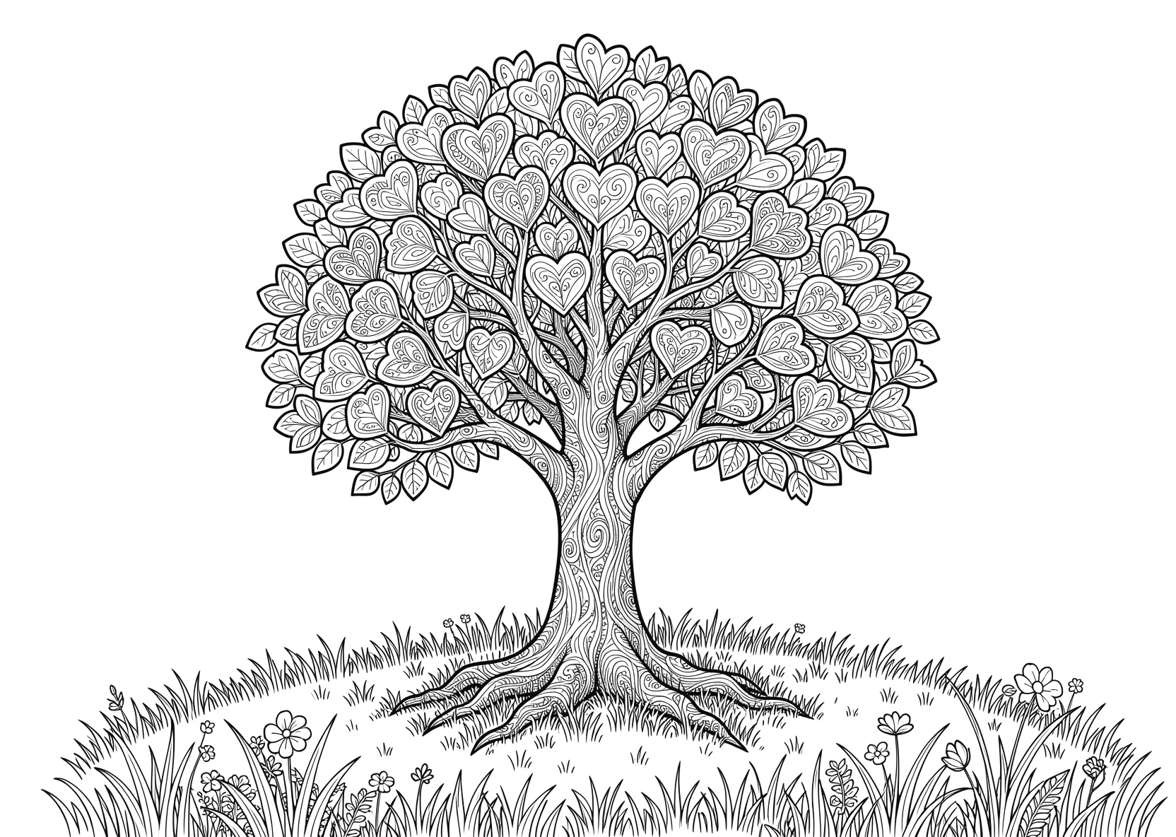 Ausmalbild Baum mit herzförmigen Blättern auf einer Wiese - Ausmalbild aus der Kategorie Natur - kostenlos ausdrucken