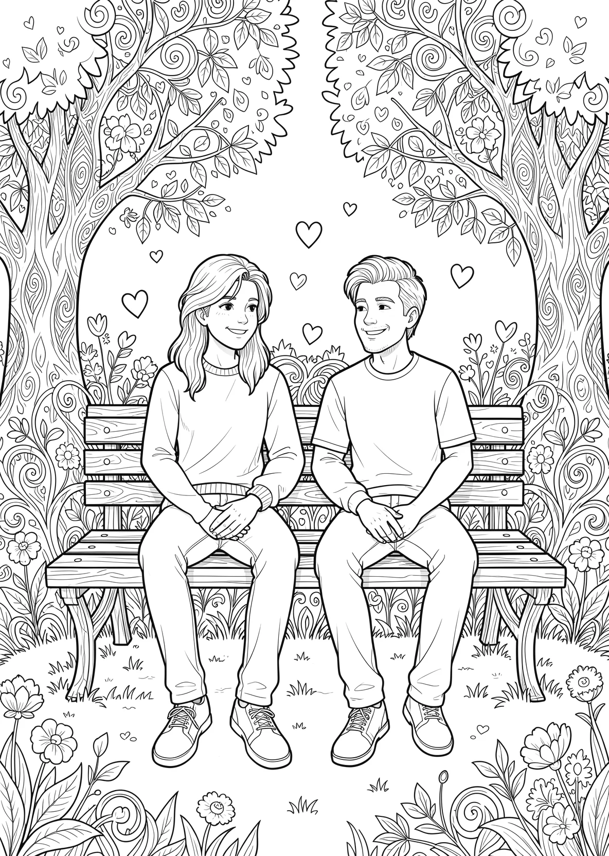 Ausmalbild Zwei Freunde sitzen zusammen auf einer Bank mit - Ausmalbild aus der Kategorie Sonstiges - kostenlos ausdrucken