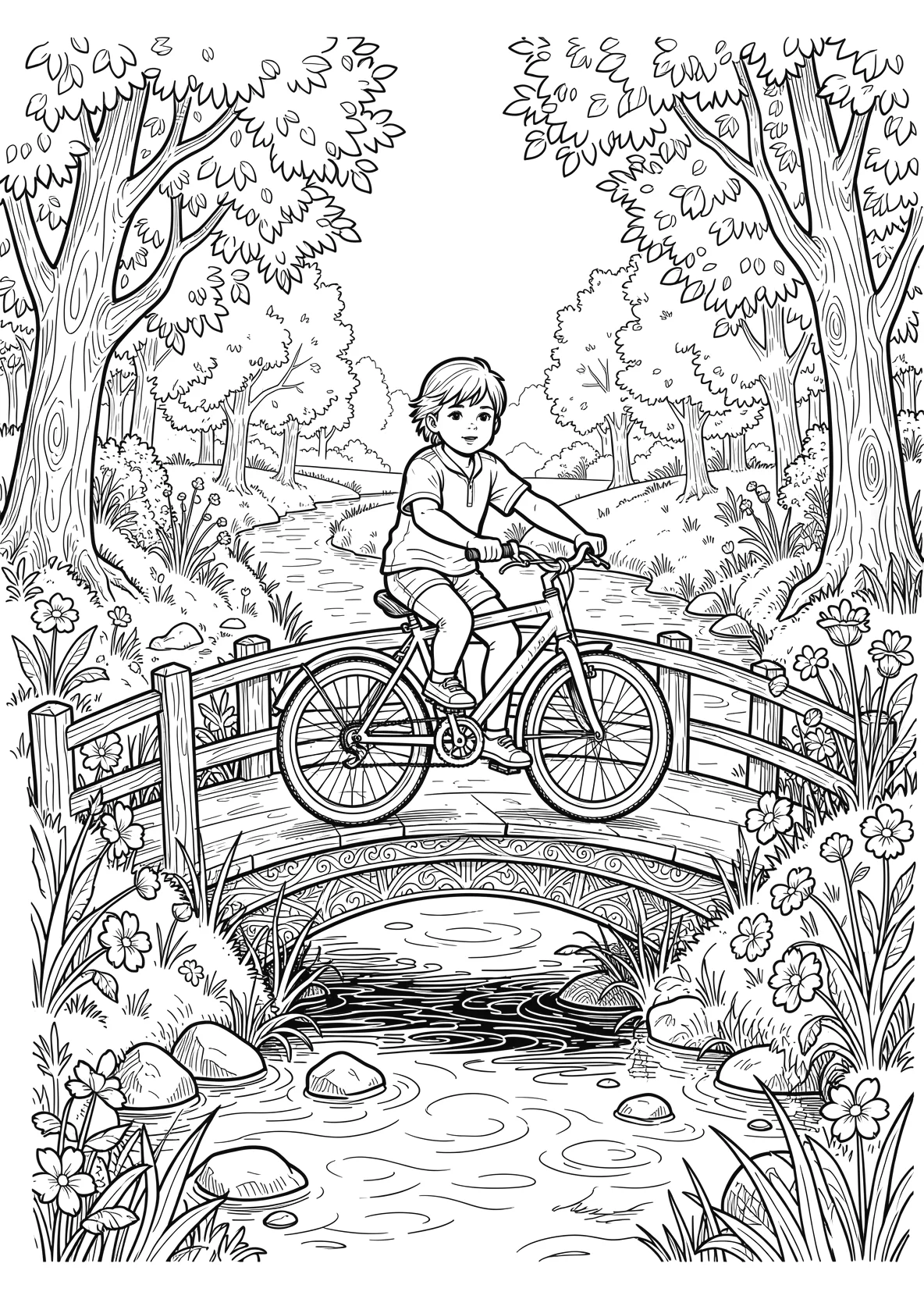 Ausmalbild Kind fährt Fahrrad über eine kleine Brücke über - Ausmalbild aus der Kategorie Fahrzeuge - kostenlos ausdrucken