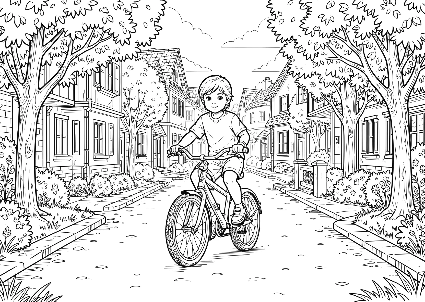Ausmalbild Kind fährt Fahrrad durch eine Straße mit Häusern - Ausmalbild aus der Kategorie Fahrzeuge - kostenlos ausdrucken