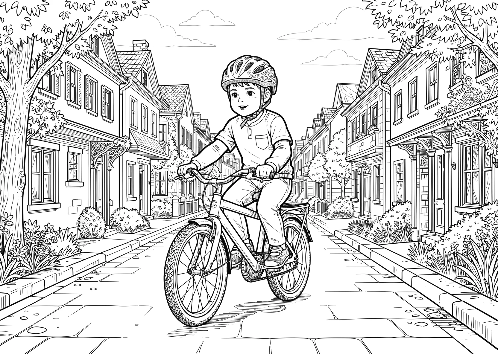 Ausmalbild Kind fährt Fahrrad mit Helm auf einer Straße mit - Ausmalbild aus der Kategorie Fahrzeuge - kostenlos ausdrucken