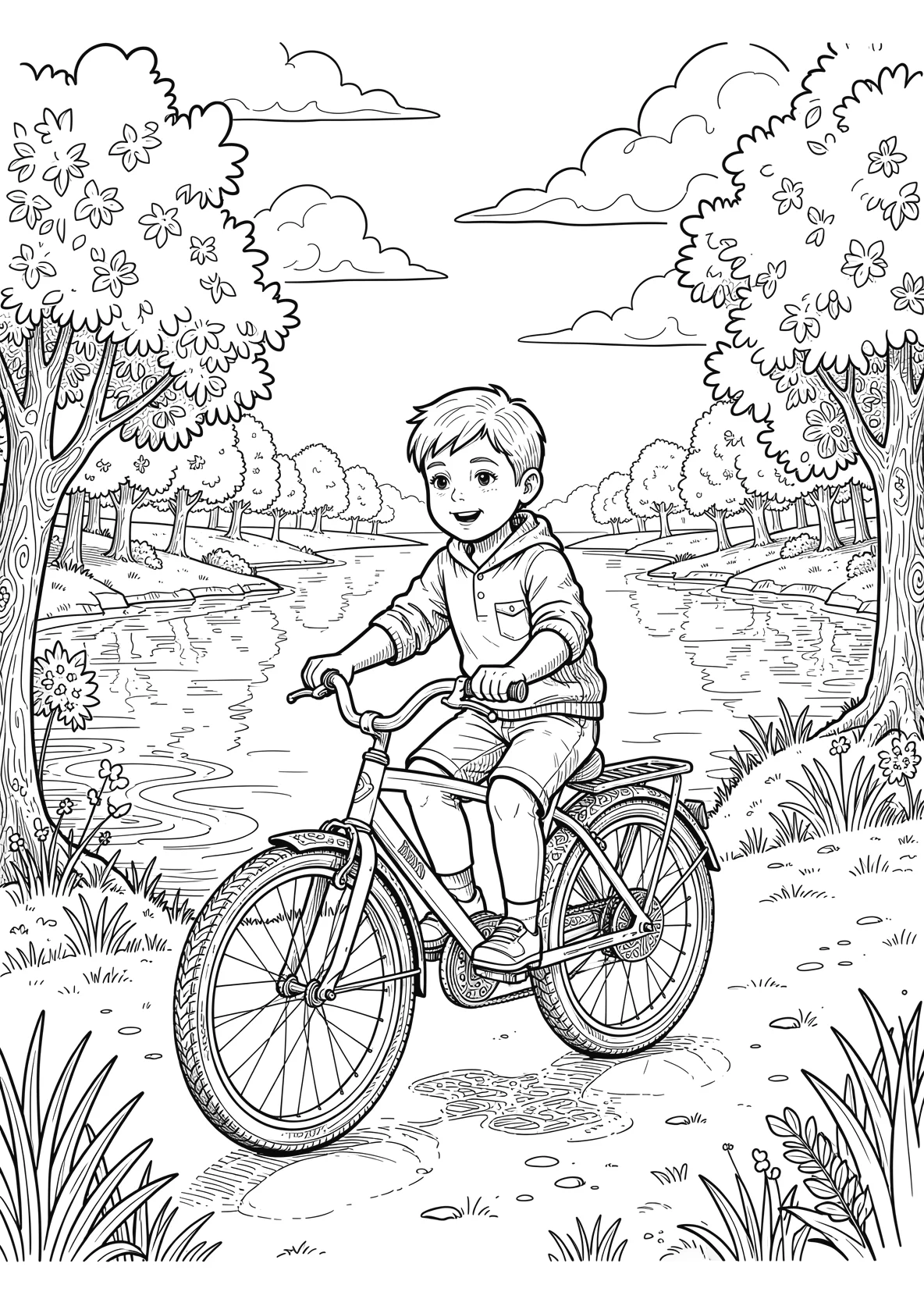 Ausmalbild Kind fährt Fahrrad an einem See mit Bäumen - Ausmalbild aus der Kategorie Natur - kostenlos ausdrucken