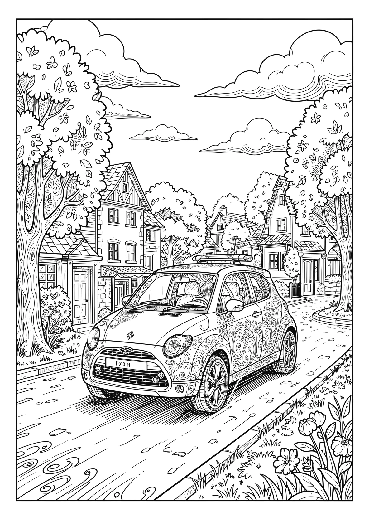 Ausmalbild Kleines Auto fährt über eine Straße mit Häusern - Ausmalbild aus der Kategorie Fahrzeuge - kostenlos ausdrucken