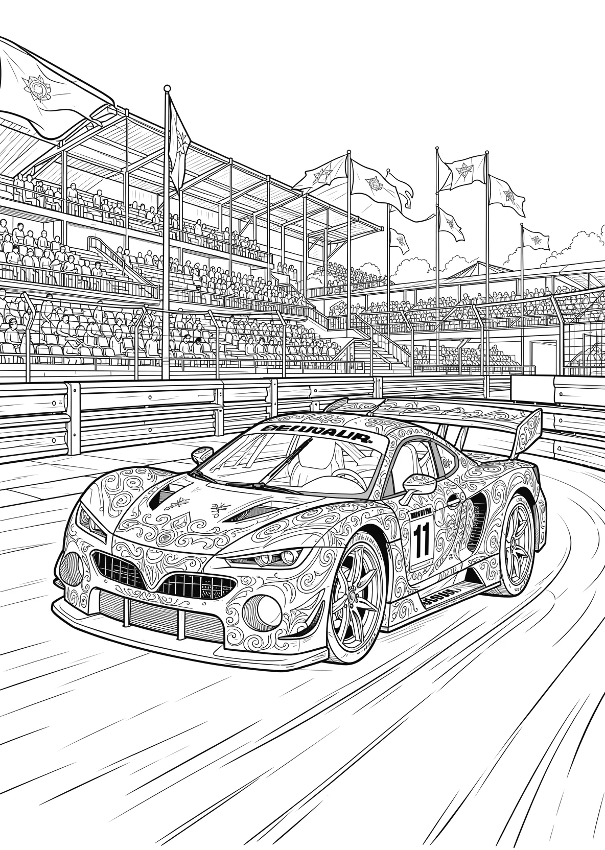 Ausmalbild Rennwagen fährt über eine Rennstrecke mit Tribüne - Ausmalbild aus der Kategorie Fahrzeuge - kostenlos ausdrucken