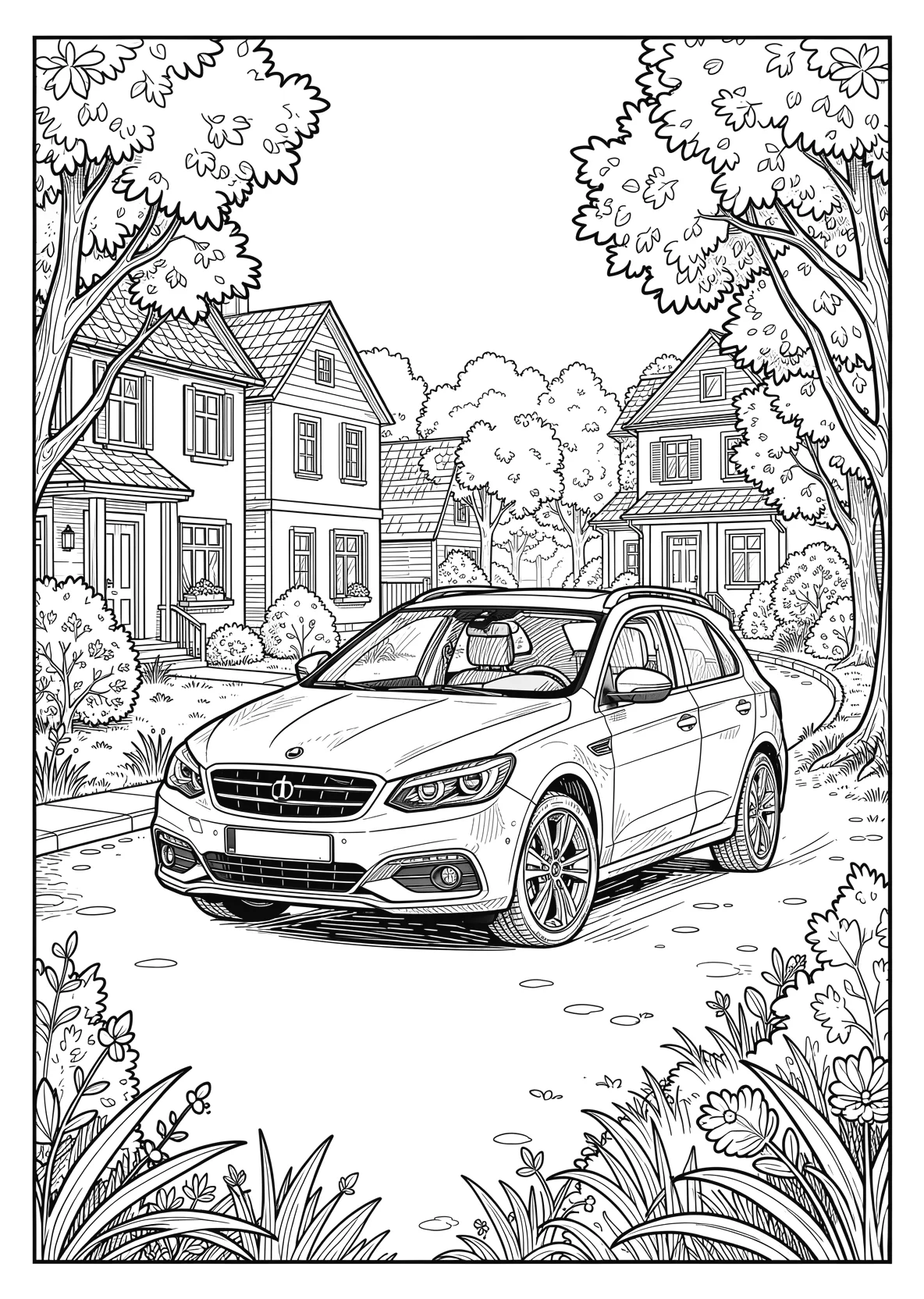 Ausmalbild Familienauto fährt über eine Straße mit Häusern - Ausmalbild aus der Kategorie Fahrzeuge - kostenlos ausdrucken