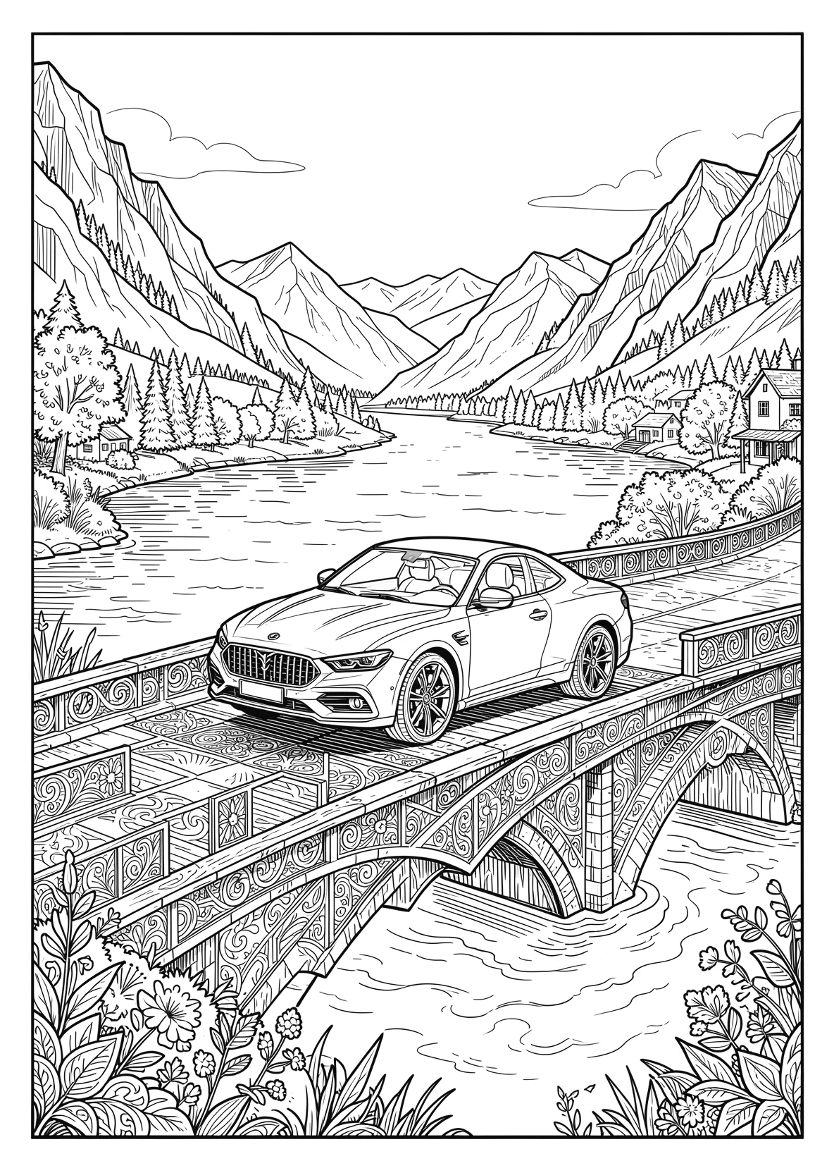 Ausmalbild Auto fährt über eine Brücke mit Fluss - Ausmalbild aus der Kategorie Natur - kostenlos ausdrucken