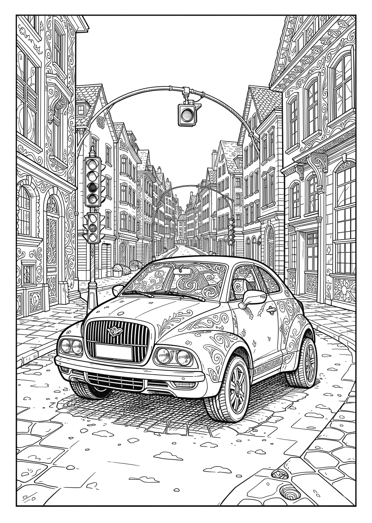 Ausmalbild Auto fährt durch eine Stadtstraße mit Ampel - Ausmalbild aus der Kategorie Fahrzeuge - kostenlos ausdrucken