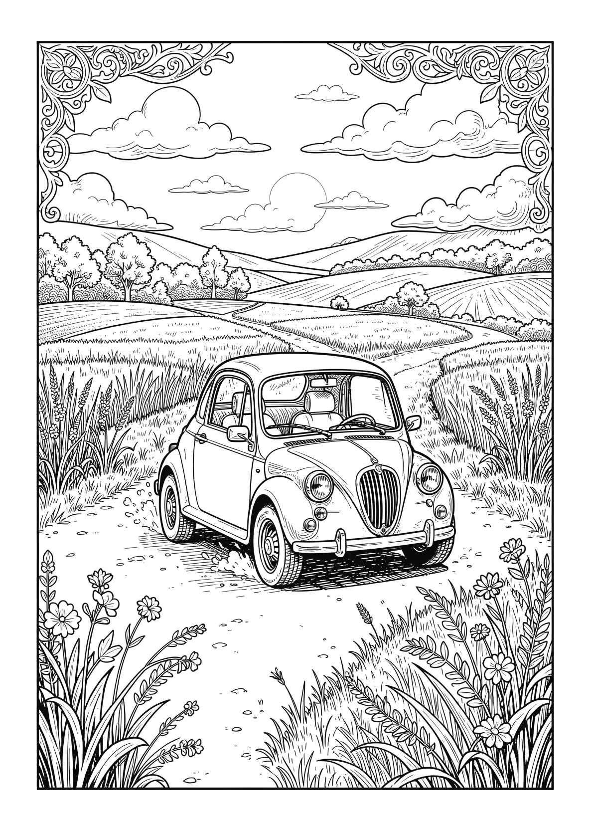 Ausmalbild Kleines Auto fährt über eine Landstraße mit - Ausmalbild aus der Kategorie Fahrzeuge - kostenlos ausdrucken