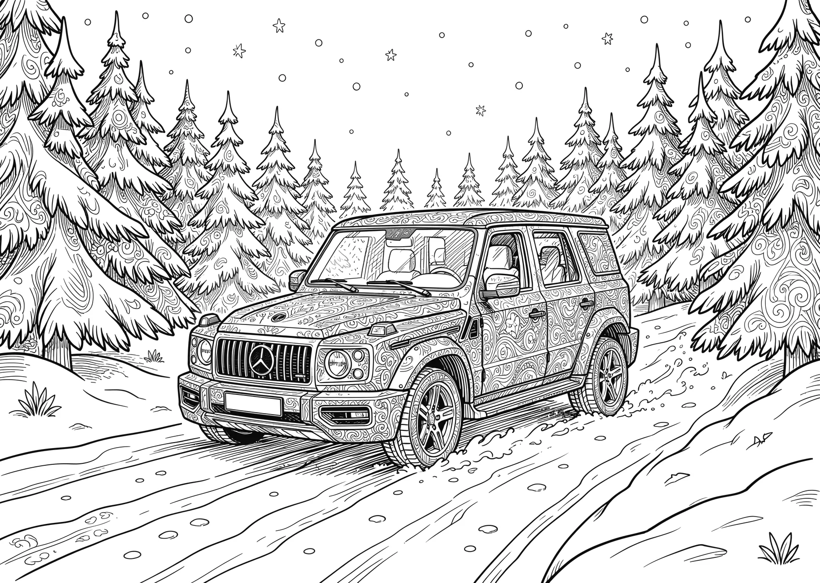 Ausmalbild Auto fährt durch eine verschneite - Ausmalbild aus der Kategorie Natur - kostenlos ausdrucken