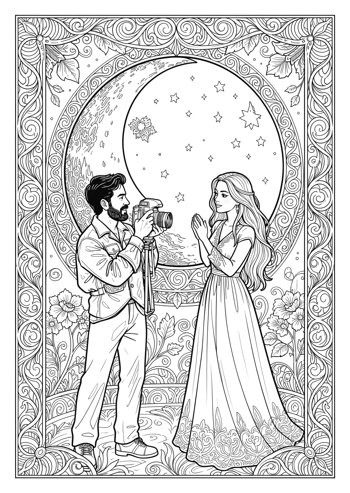 Ausmalbild Fotograf und ein Model fotografieren einen Mond - Ausmalbild aus der Kategorie Berufe - kostenlos ausdrucken