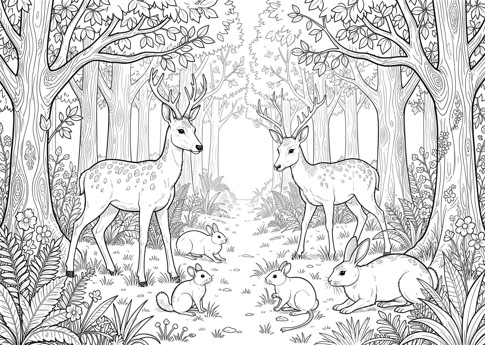 Ausmalbild Wald, in dem Tiere leben, Rehe, Hasen, Mäuse, - Ausmalbild aus der Kategorie Tiere - kostenlos ausdrucken