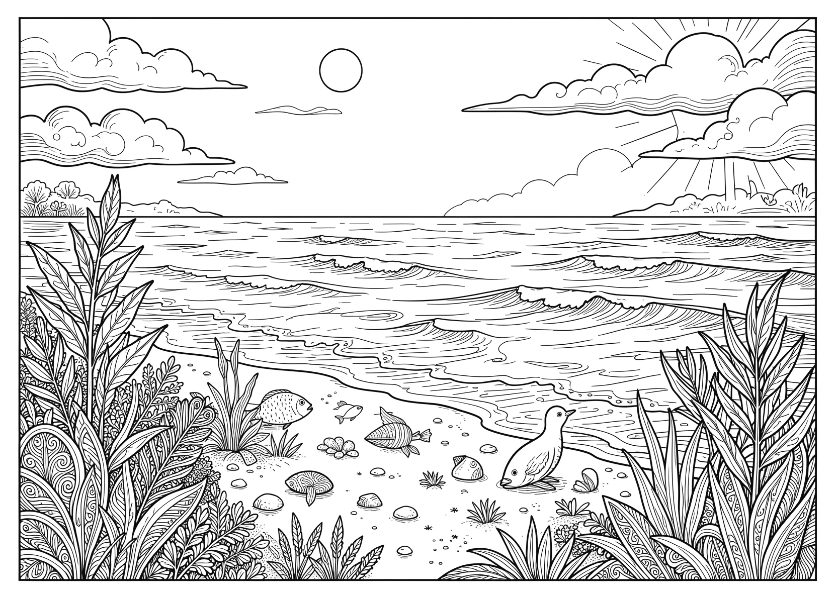 Ausmalbild Meeresstrand mit Pflanzen und Tieren - Ausmalbild aus der Kategorie Natur - kostenlos ausdrucken