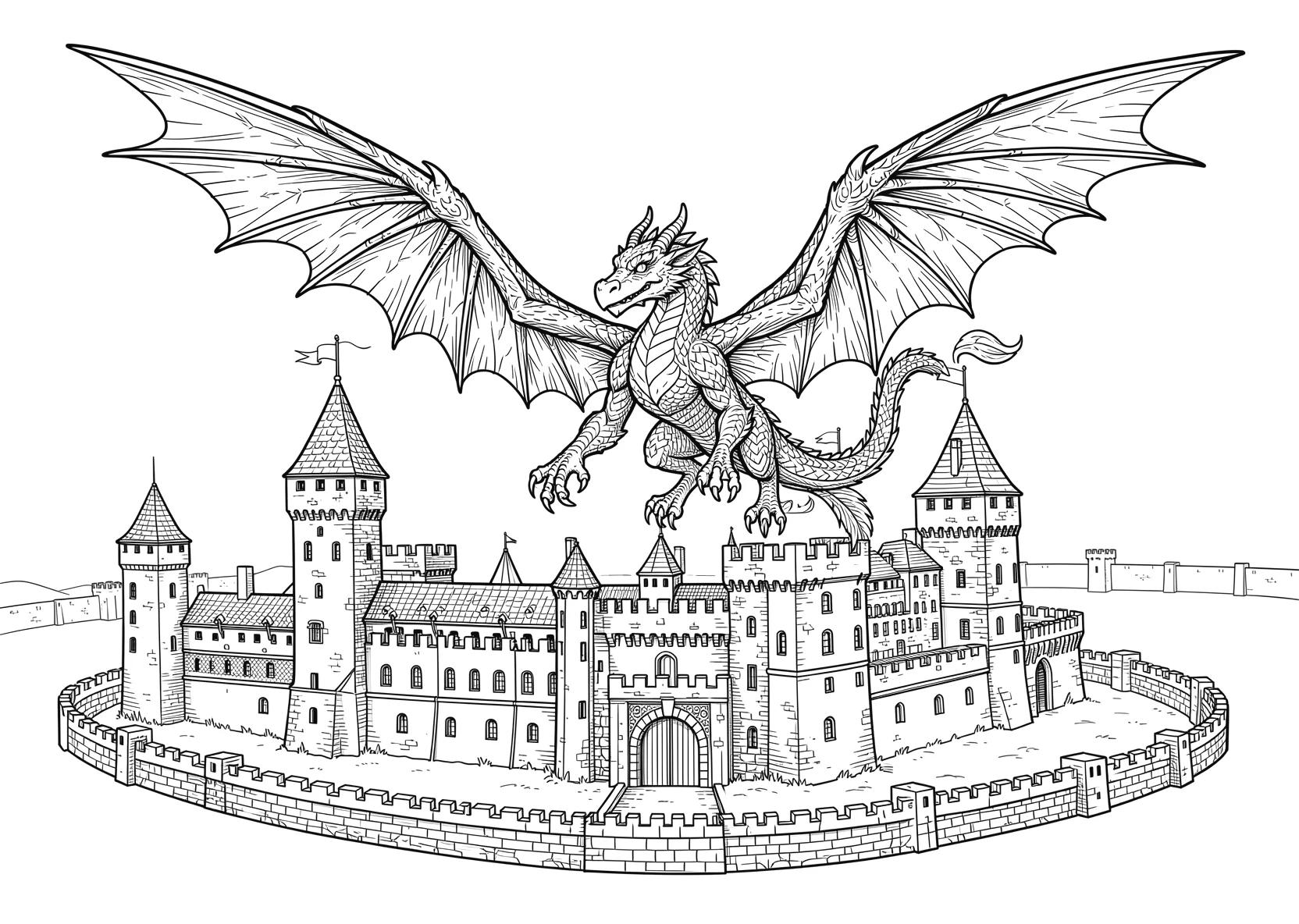 Ausmalbild Majestätischer Drache mit ausgebreiteten Flügeln - Ausmalbild aus der Kategorie Maerchen - kostenlos ausdrucken