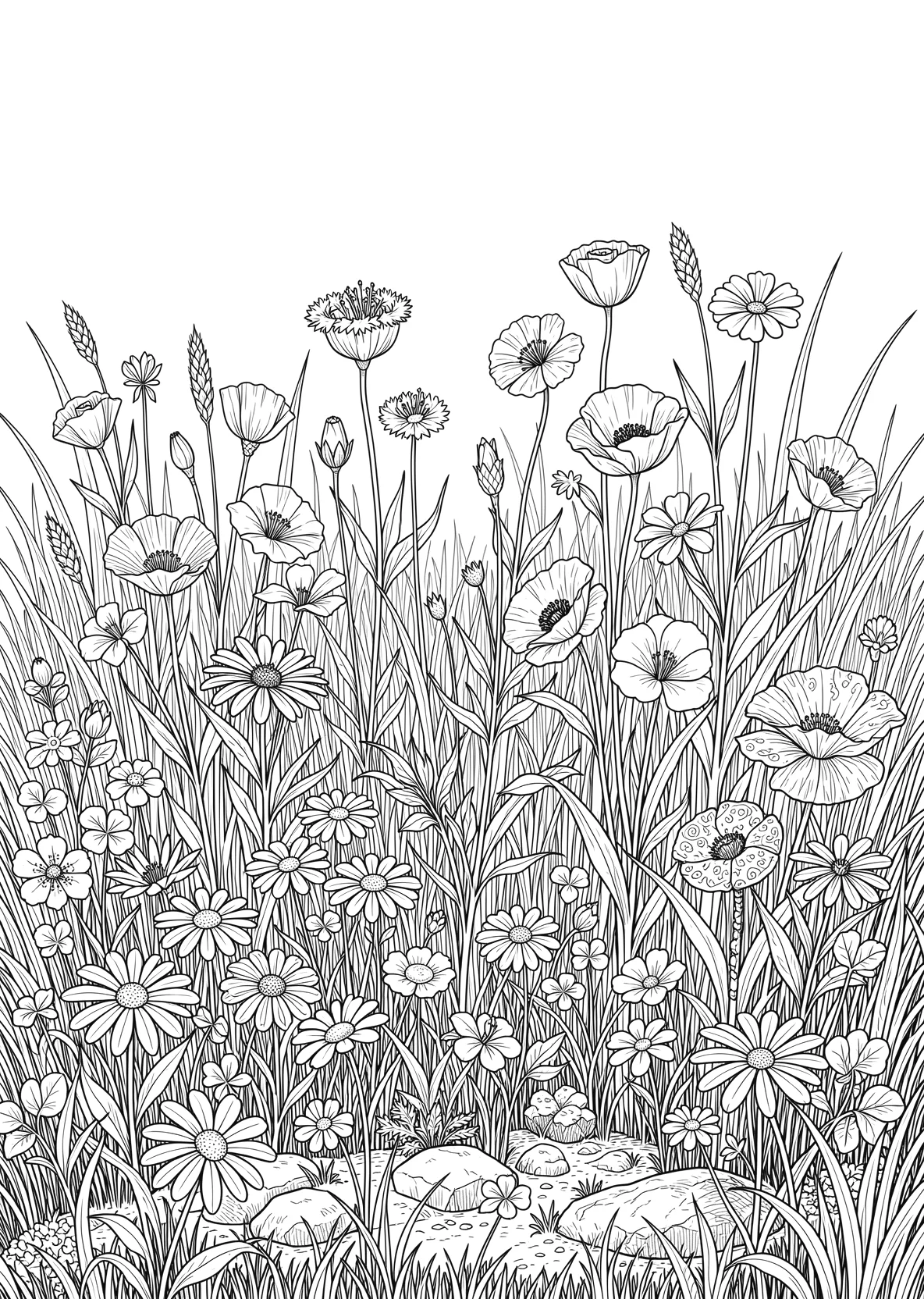 Ausmalbild Ausgedehnte Blumenwiese mit verschiedenen - Ausmalbild aus der Kategorie Natur - kostenlos ausdrucken
