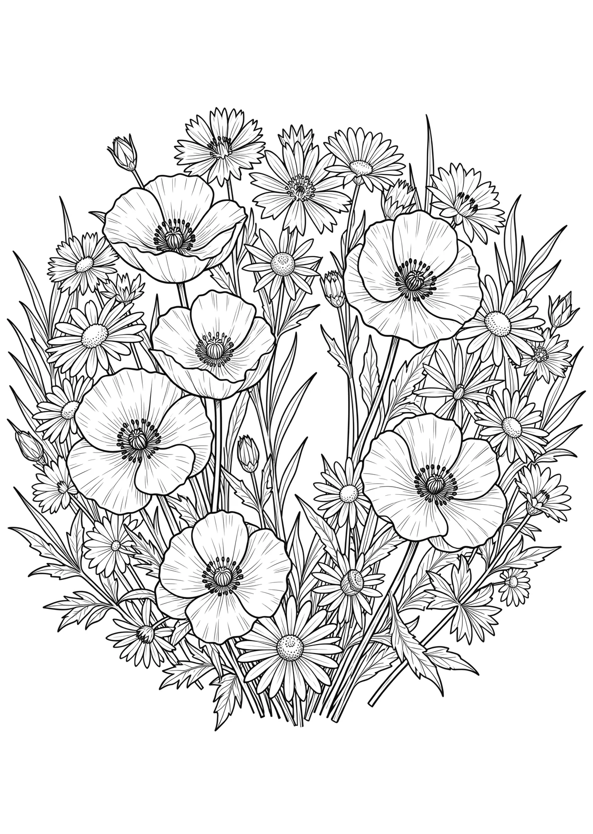 Ausmalbild Detaillierte Blumenkompositon in Kreisform mit - Ausmalbild aus der Kategorie Natur - kostenlos ausdrucken