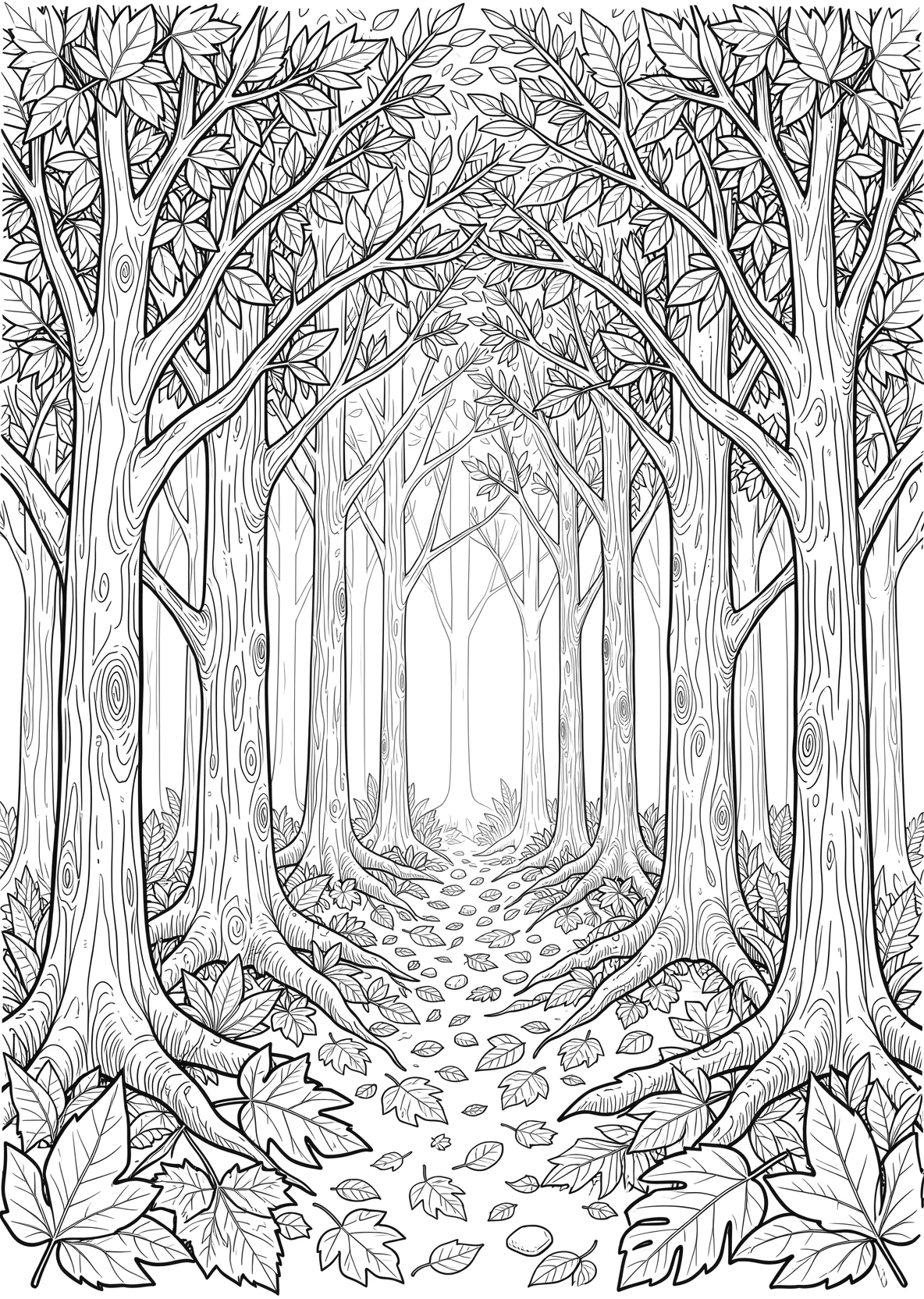 Ausmalbild Dichter Wald mit vielen verschiedenen Bäumen - Ausmalbild aus der Kategorie Tiere - kostenlos ausdrucken