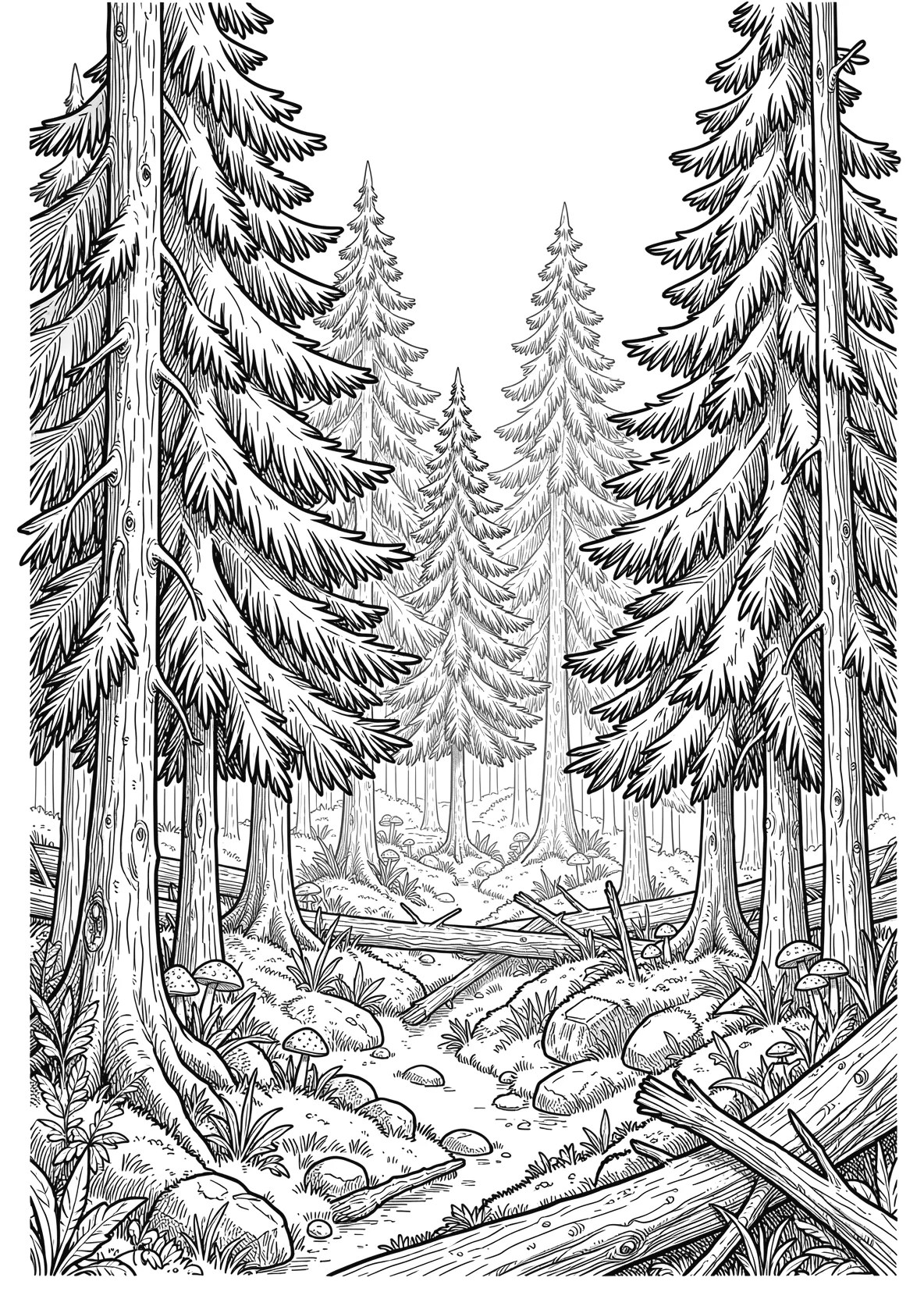 Ausmalbild Dichter Tannenwald mit mehreren Baeumen in - Ausmalbild aus der Kategorie Natur - kostenlos ausdrucken