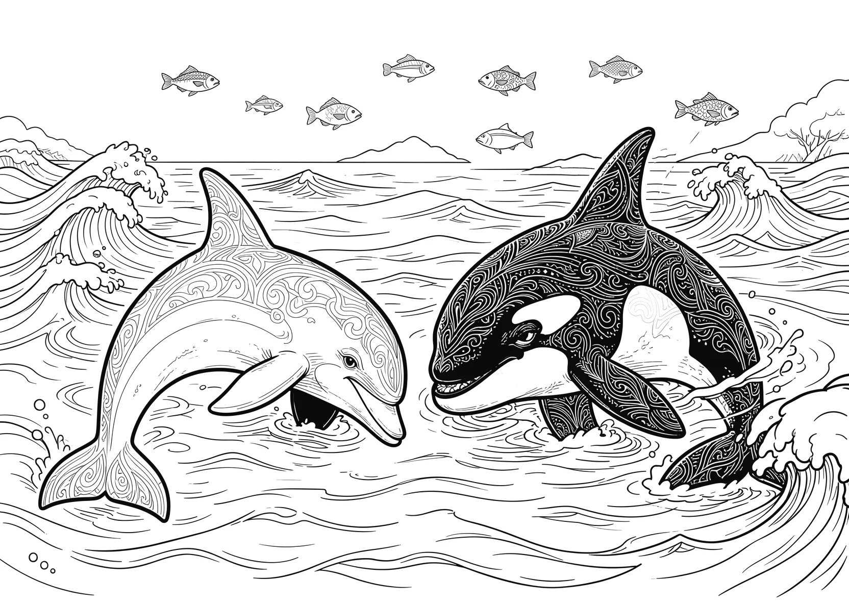 Ausmalbild Delfin und ein Orca nebeneinander im Wasser - Ausmalbild aus der Kategorie Tiere - kostenlos ausdrucken