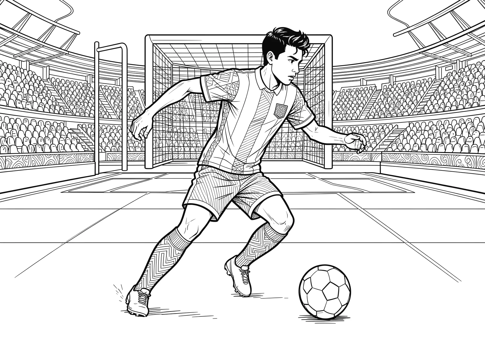 Ausmalbild Fussballspieler in dynamischer Laufpose mit dem - Ausmalbild aus der Kategorie Sport - kostenlos ausdrucken