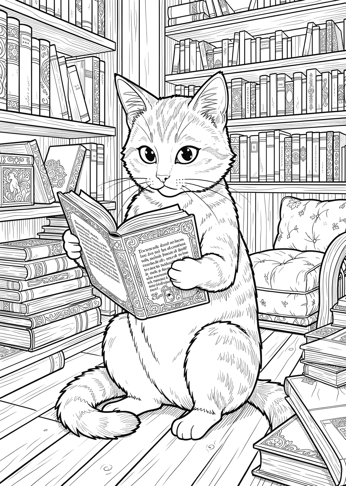 Ausmalbild Aufmerksame Katze sitzt aufrecht auf ihren - Ausmalbild aus der Kategorie Tiere - kostenlos ausdrucken