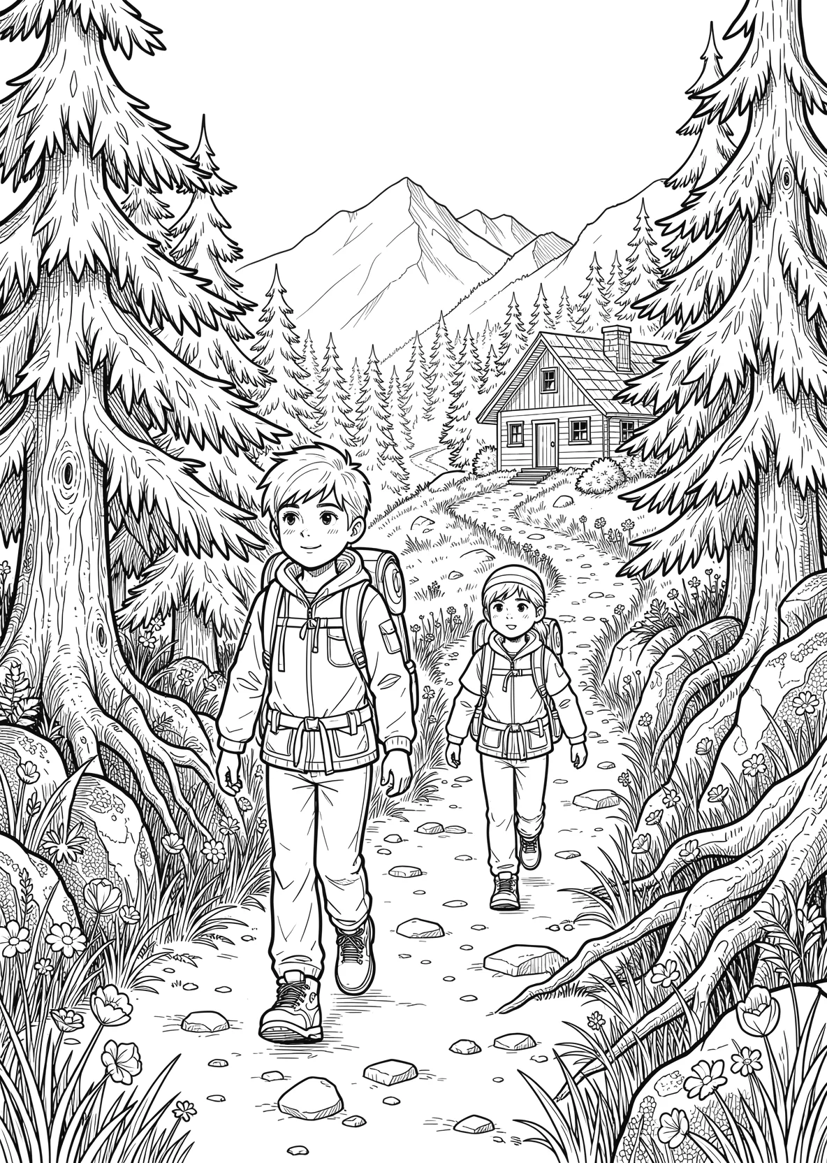 Ausmalbild Zwei Kinder auf einem Wanderweg - Ausmalbild aus der Kategorie Natur - kostenlos ausdrucken
