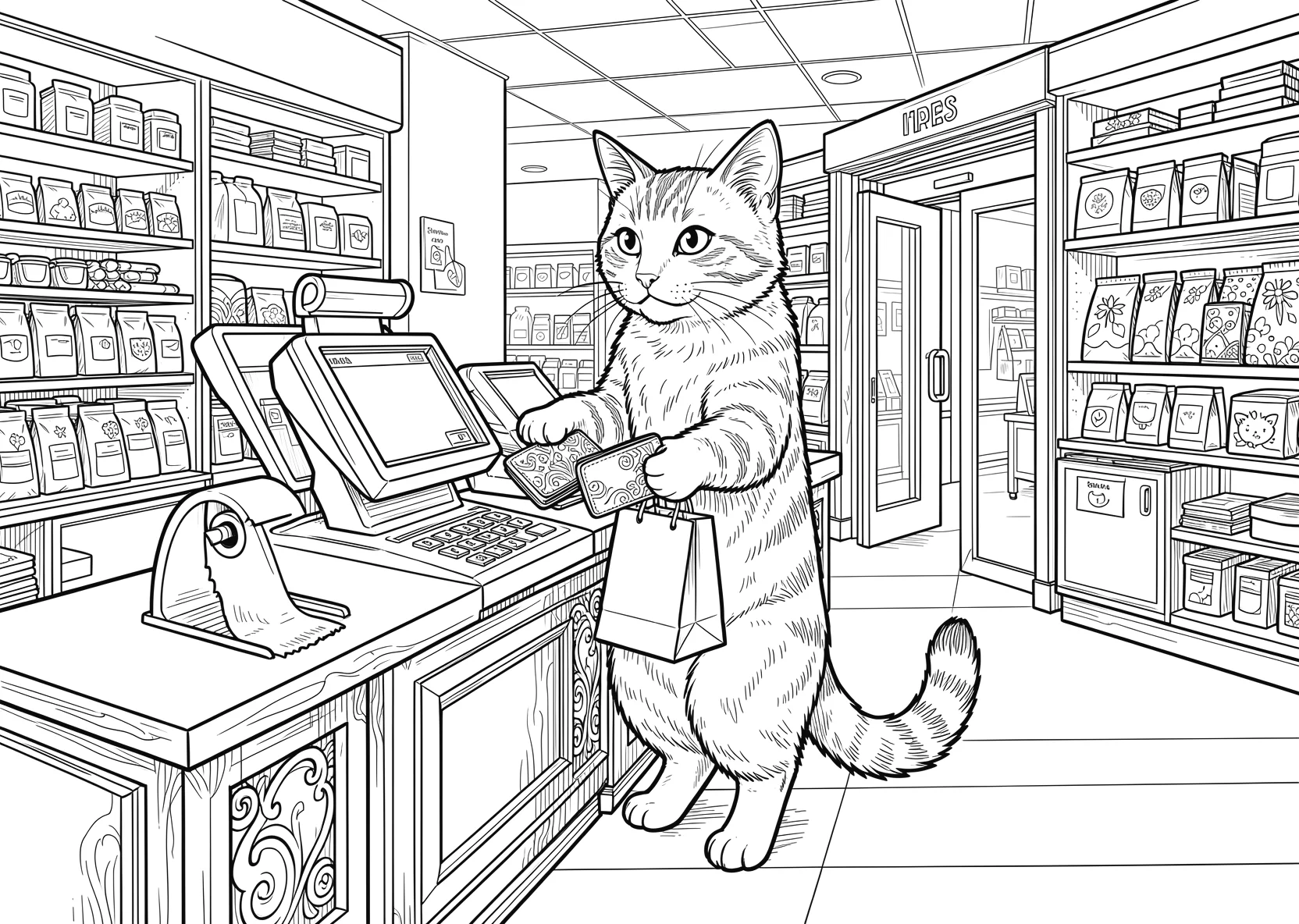 Ausmalbild Sitzende Katze steht aufrecht an einer - Ausmalbild aus der Kategorie Tiere - kostenlos ausdrucken
