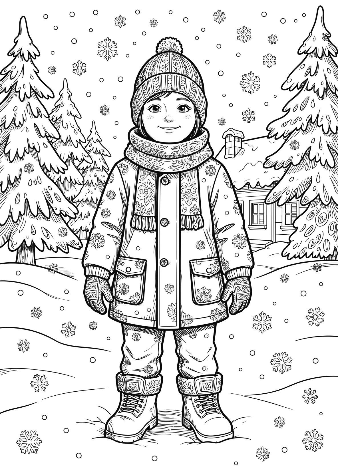 Ausmalbild Kind steht aufrecht mit einer Wintermütze auf dem - Ausmalbild aus der Kategorie Natur - kostenlos ausdrucken