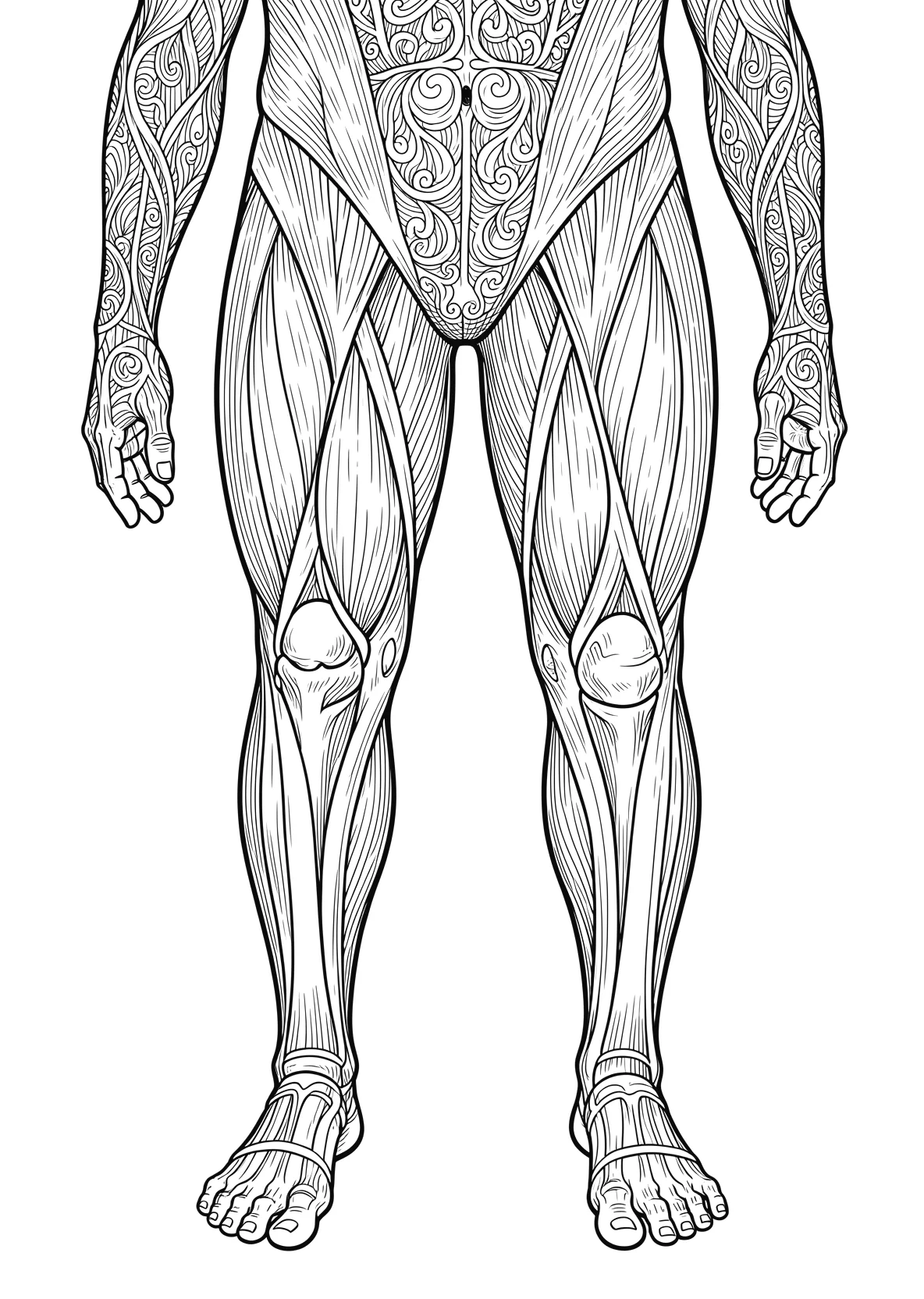 Ausmalbild Beide Beine von vorn mit Oberschenkel-, Knie- und Wadenmuskulatur als Strichzeichnung