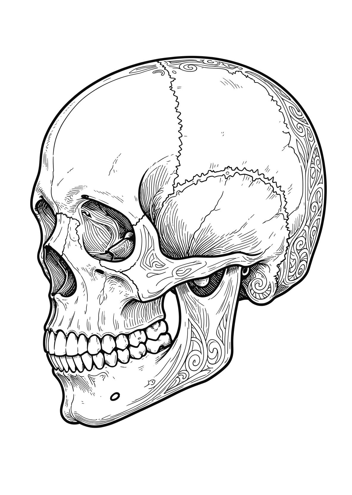 Ausmalbild Der Schädel des Menschen von der Seite mit Schädelnähten, Augenhöhle, Jochbein, Kiefer und Zähnen als Strichzeichnung