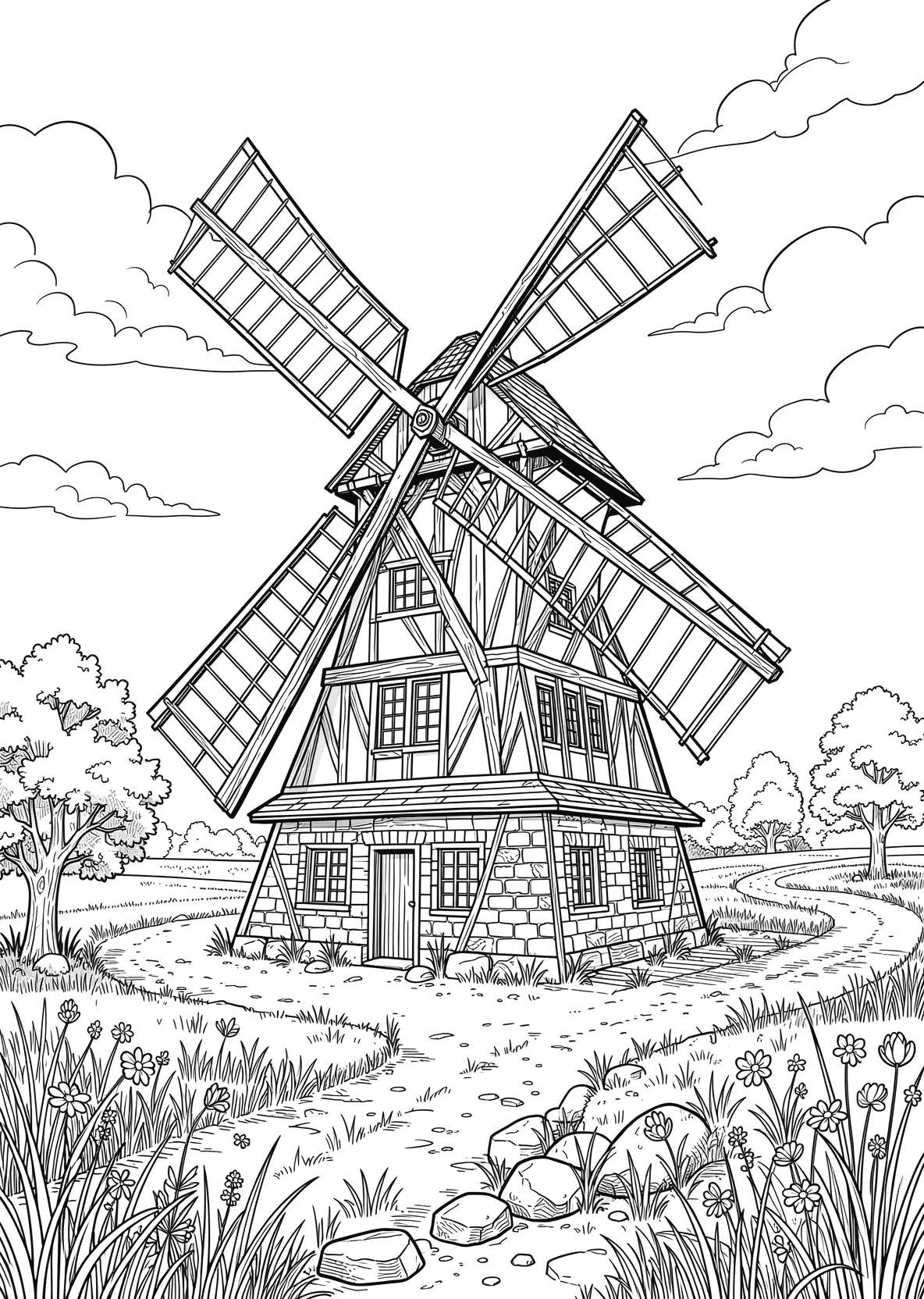 Ausmalbild Historische Windmühle mit charakteristischem - Ausmalbild aus der Kategorie Natur - kostenlos ausdrucken