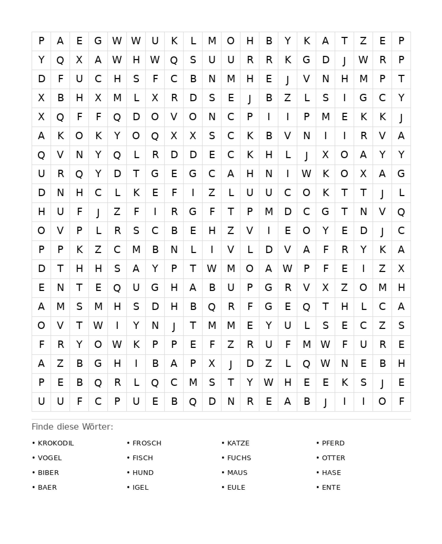 Wortsuchrätsel Wortsuchrätsel: Tiere für Erwachsene aus der Kategorie Wortsuchrätsel - kostenlos ausdrucken