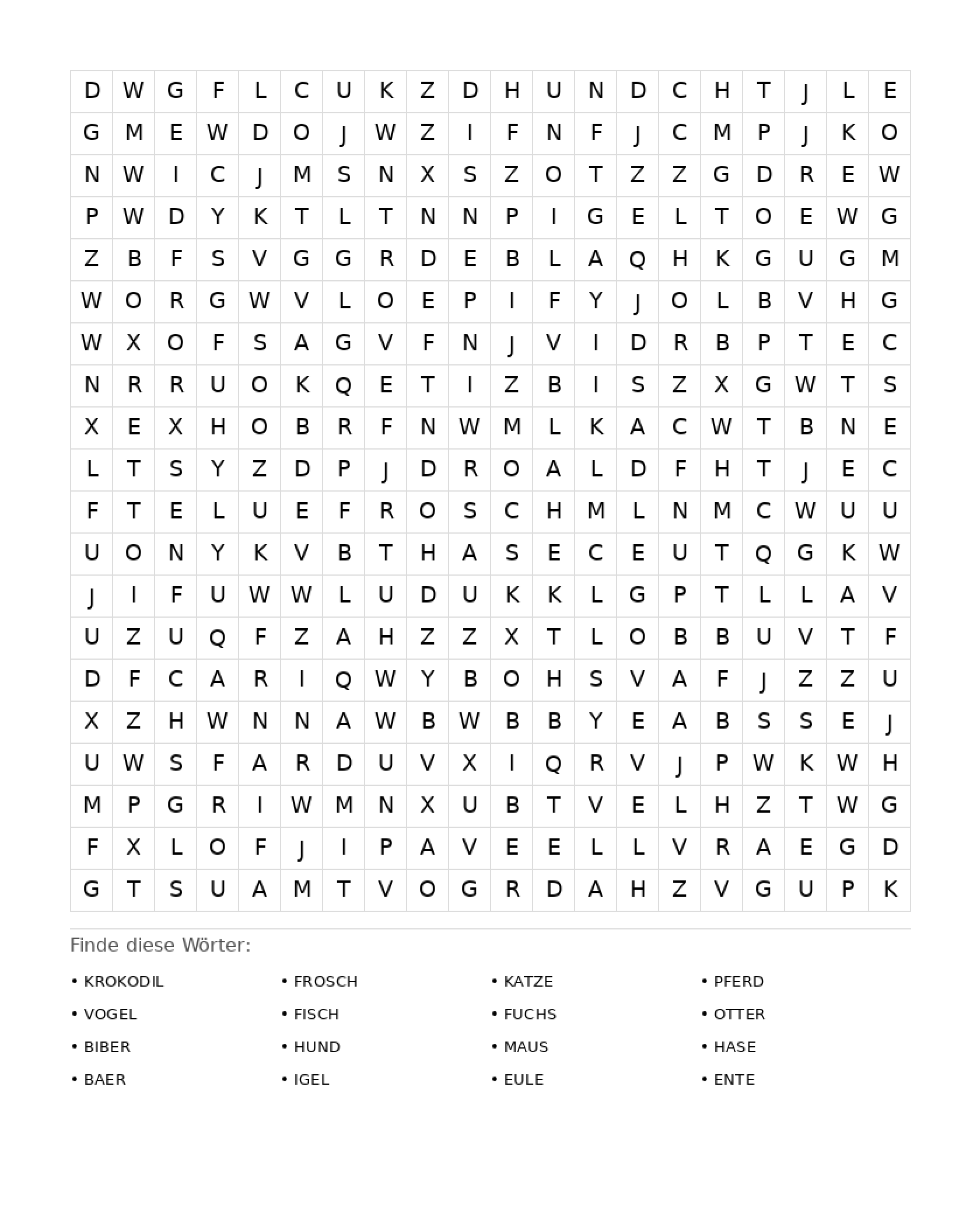 Wortsuchrätsel Wortsuchrätsel: Tiere für Erwachsene aus der Kategorie Wortsuchrätsel - kostenlos ausdrucken